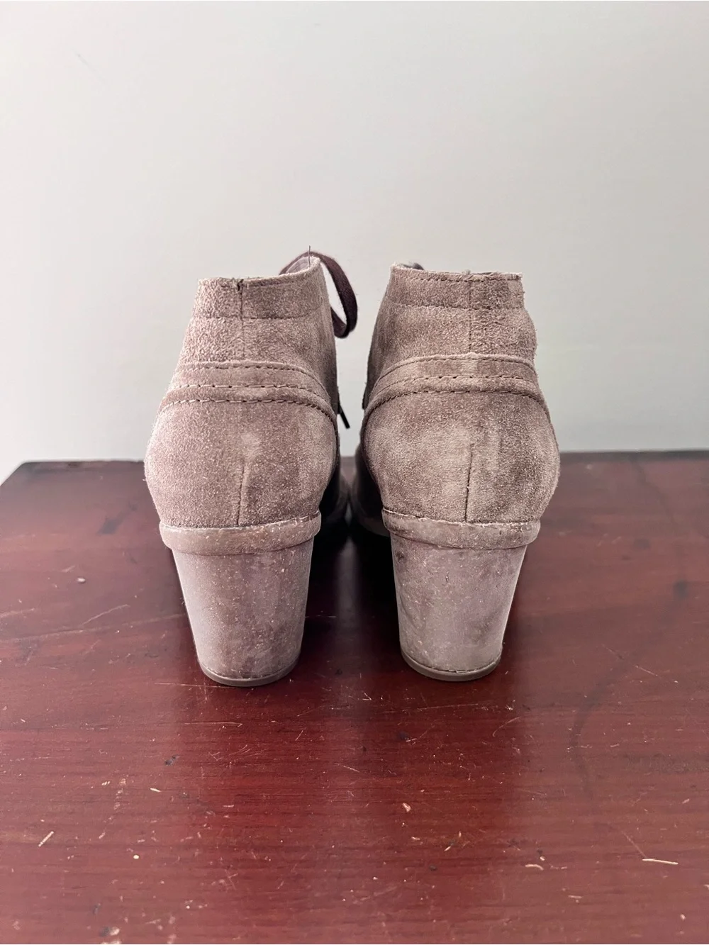 Clark’s Suede Taupe Lace-up Ankle Boot with strong heel